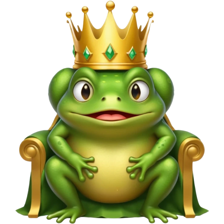A cry frog wearing a crown, confidently sitting on a golden throne, cry tear from eyes, portrait, bust up emoji