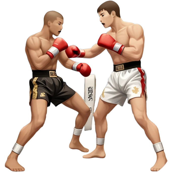 An icon symbolizing kickboxing, featuring two fighters in the midst of an intense match. One throws a powerful roundhouse kick, while the other counters with a punch. The background shows a ring, with ropes and a cheering crowd. Transparent background highlights the action and strength emoji