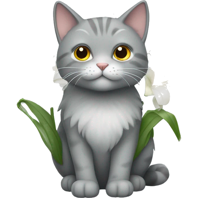 Fluffy grey cat holding Lillies  emoji