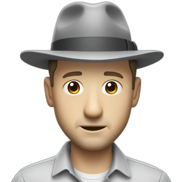 tim robinson wearing a grey fedora with a grey flap on the back white shirt only looking scared and sad 3 quarter angle emoji