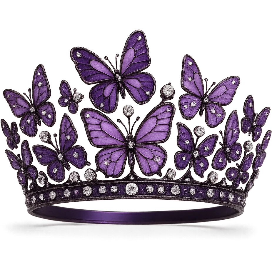 butterfly crown with a deep purple base, butterflies in lilac and plum enamel, sparkling gems emoji