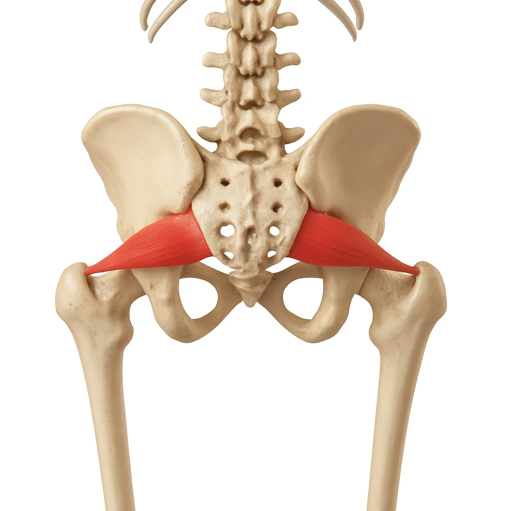 Create a hyperrealistic anatomical view of the piriformis muscle as in the reference image. Show the pelvis and vertebral column visible, with the piriformis muscle highlighted in red. Include clear anatomical details, a white background, and 4K quality. emoji