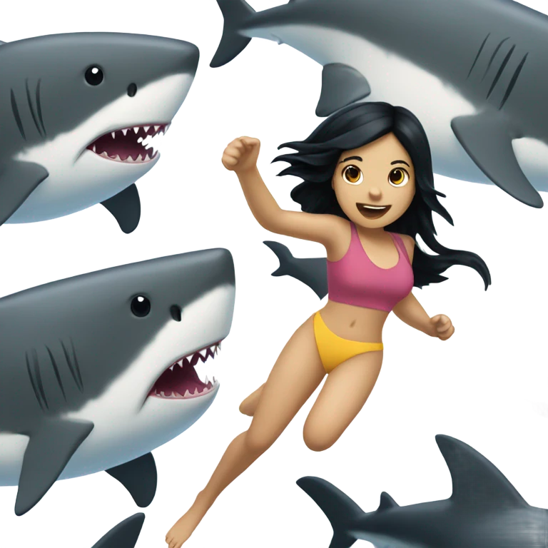Girl with black hair swimming from a shark  emoji