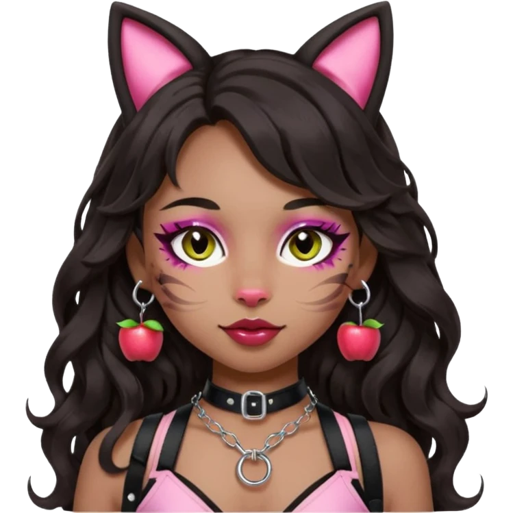 Soften the makeup to be bold but not too crazy, keeping the silver O-ring, bangs, light-medium Hispanic skin tone, long dark wavy hair, cat ears, and pink BDSM-inspired harness in apple emoji style with transparent background. emoji