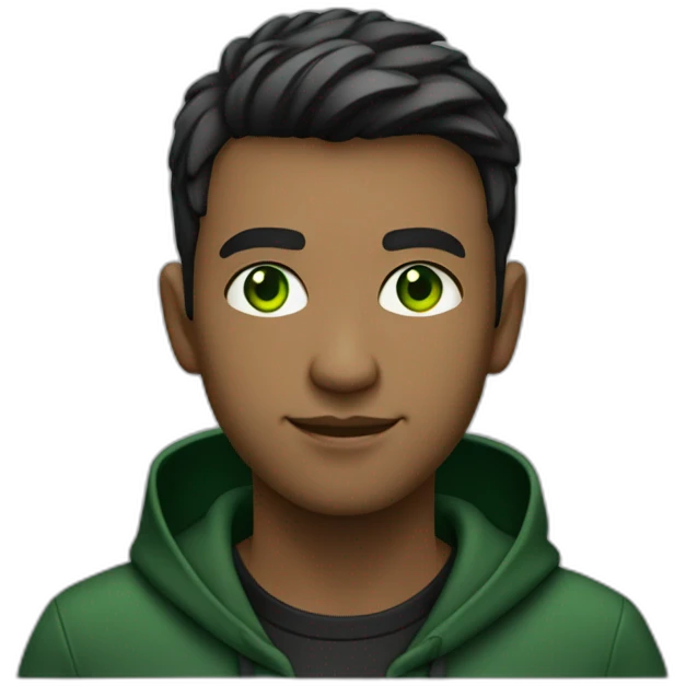 Programmer with dark fade haircut, dark green eyes without glasses in black hoodie without print emoji