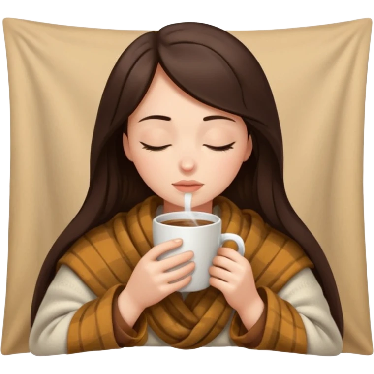 Brunette girl inside a blanket sipping coffee eyes closed emoji