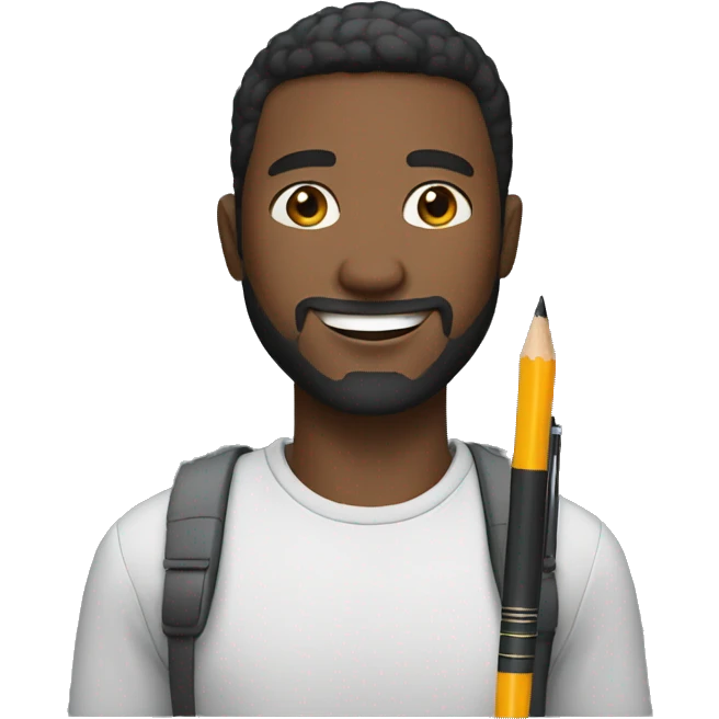 smiling black man with short hair and short beard with a pencil on his hand emoji