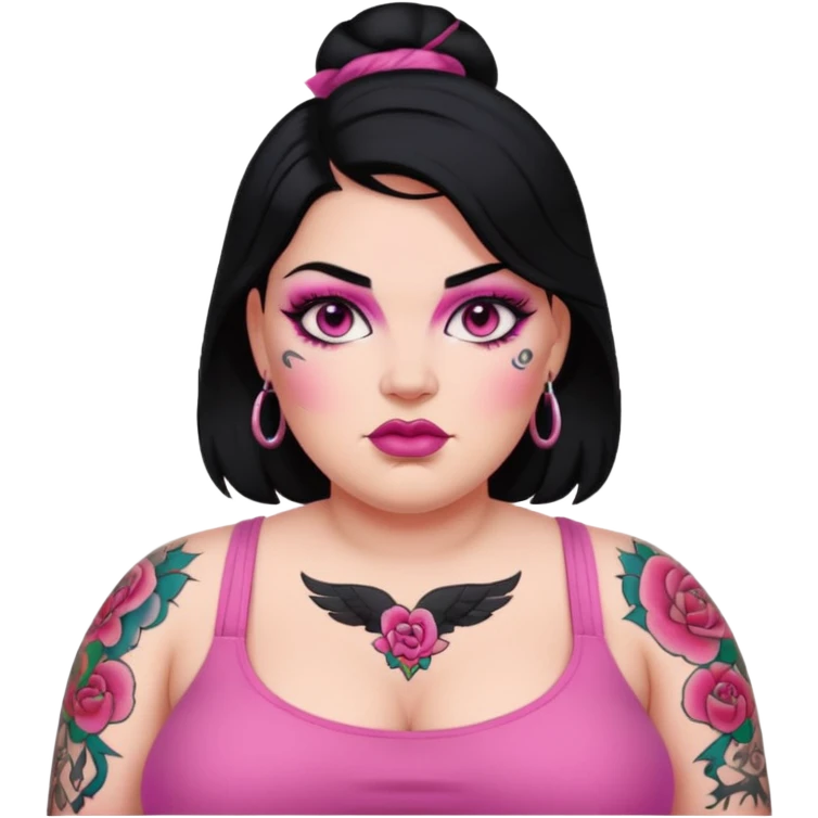 Heavyset woman, black hair, pink makeup and tattoos emoji