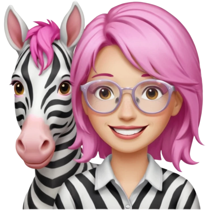 create a emoji of my friend camilla: she wears  white glasses and she has brown hair, make it pink. She loves horses and zebras emoji
