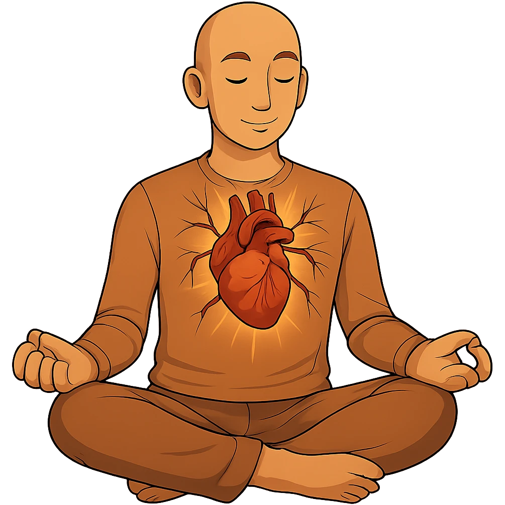 Person is meditating and his heart is glowing and shining, general style, with a real organ heart form, with no background, more a form, not cut the arteries, but make them connected to blood system emoji