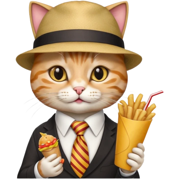 fast food eating cat waring tie and hat  emoji