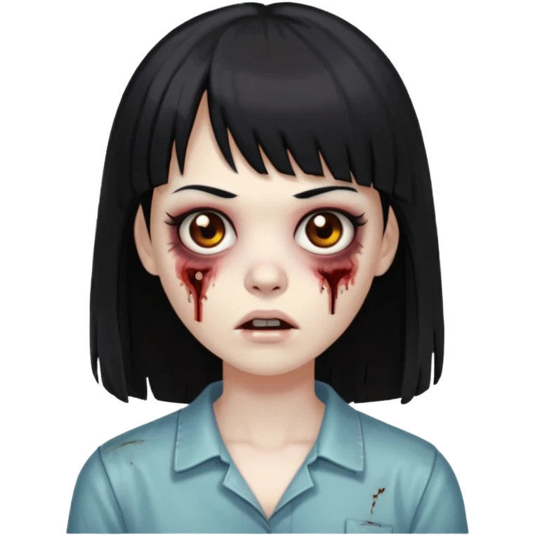 Uma zumbi com os cabelos pretos, mediano, liso e com franja, olhos castanhos emoji