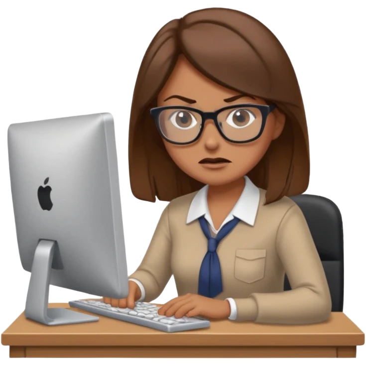 Uma mulher de cabelo castanho que é professora e um pouco brava a trabalhar no computador sem usar óculos emoji
