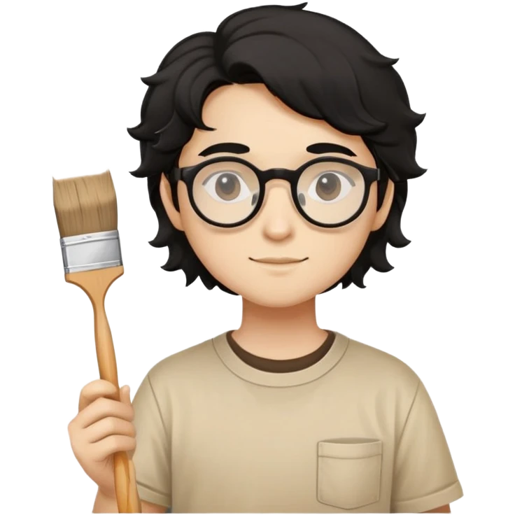 Reliable young painter with round glasses, wavy black hair, beige art shirt, with square paintbrush emoji