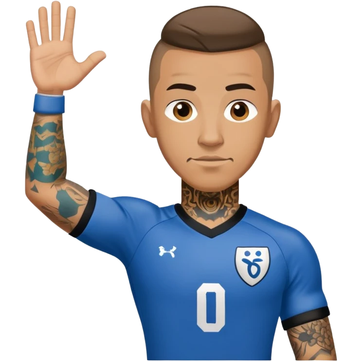 tan foosball player wearing blue jersey number 0 with tattoos on right arm emoji