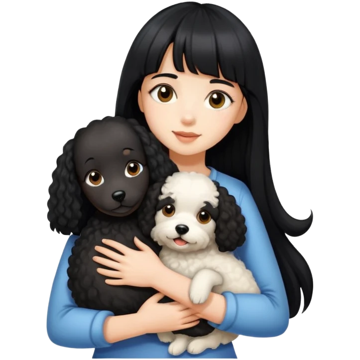 A beautiful girl with long black straight hair and bangs hugs a curly-haired dog emoji