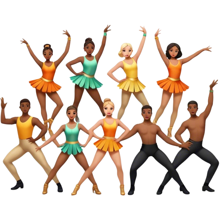 Icon for Contemporary Dance: a synchronized guys and girls group performance on stage with backup dancers in bright, modern outfits and dynamic lighting. The icon should capture the energy and coordination of a dance routine, with a focus on movement and stage presence. Transparent background. emoji