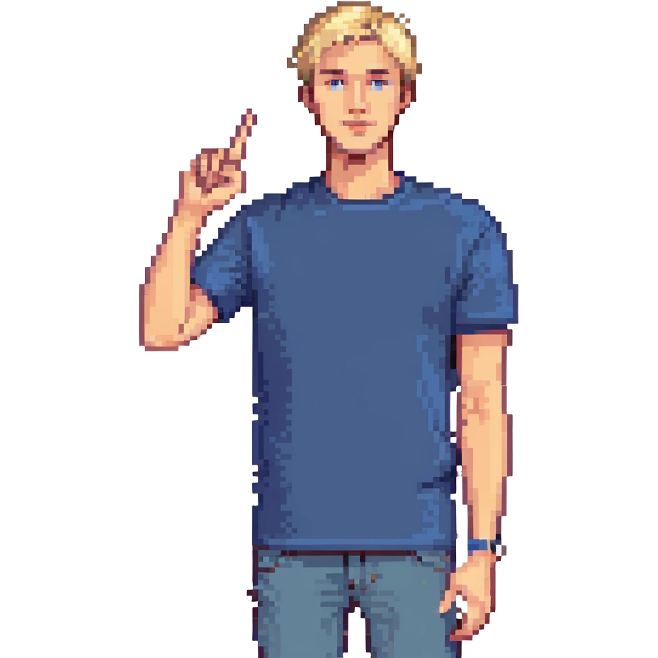 Flat pixel art, confident male leader, Caucasian, short neat blonde hair, sharp eyes, indigo T-shirt, one arm raised gicing direction, waist-up, front-facing emoji