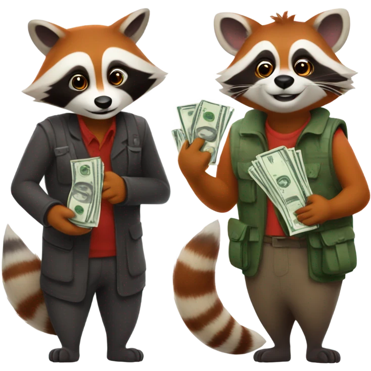 1 male raccoon and 1 female red panda in a bank each holding a bag of cash emoji
