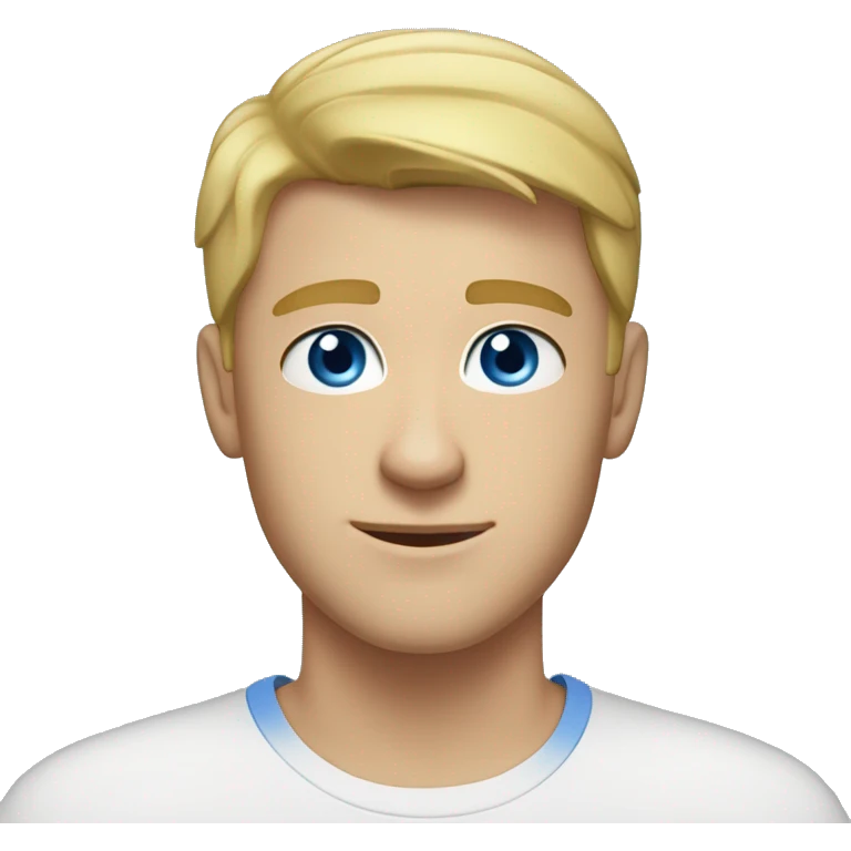A head and shoulders shot of a 22 year old Caucasian man, with short blond hair,   with blue eyes wearing a t-shirt. emoji