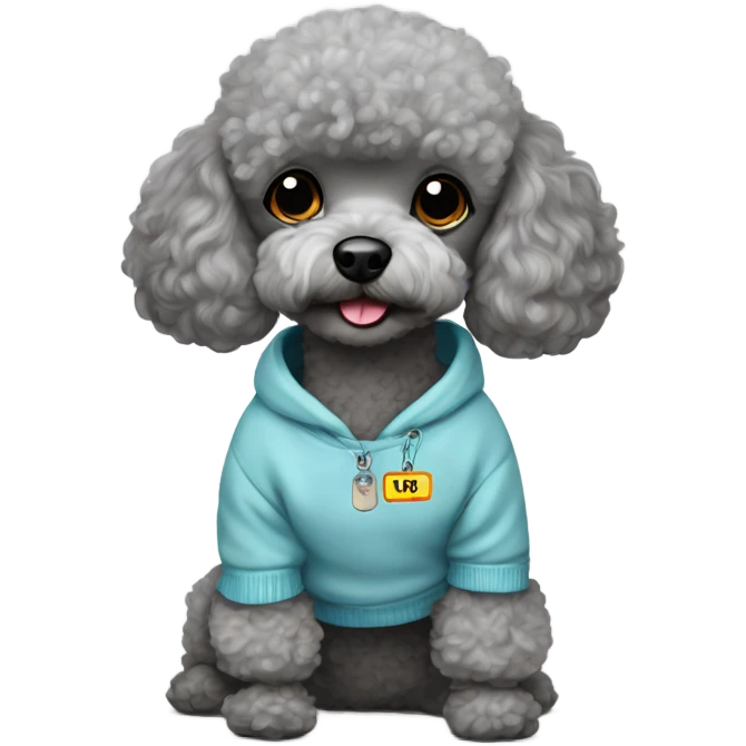 Gray toy poodle with a sweatshirt with the name Louie on his tag emoji