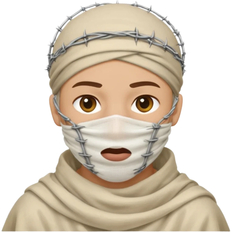 Head wrapped in gauze, mouth sealed with barbed wire. emoji