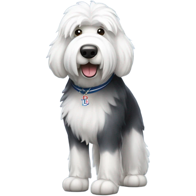 Old English Sheepdog full height wearing a Los Angeles dodgers shirt emoji