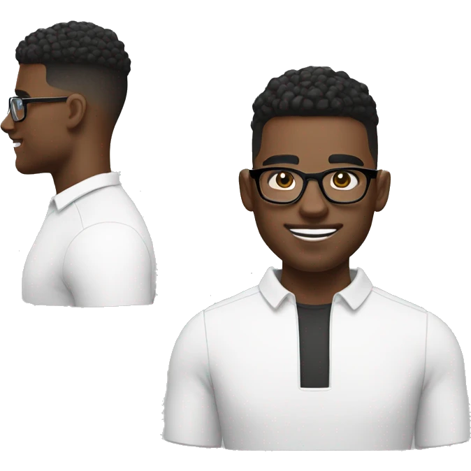 Black man with High top fade and bush eyebrows, white shirt and glasses with AirPods.  emoji