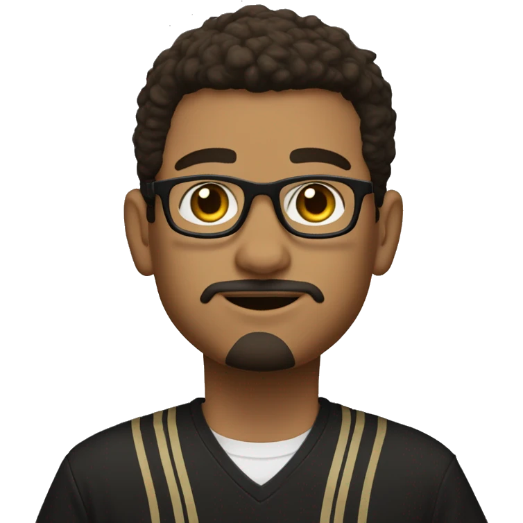 boy with goatee and soul patch, round eyebrow frame glasses, a purdue university shirt. poach hair with an m shaped hairline. dark brown eyes emoji