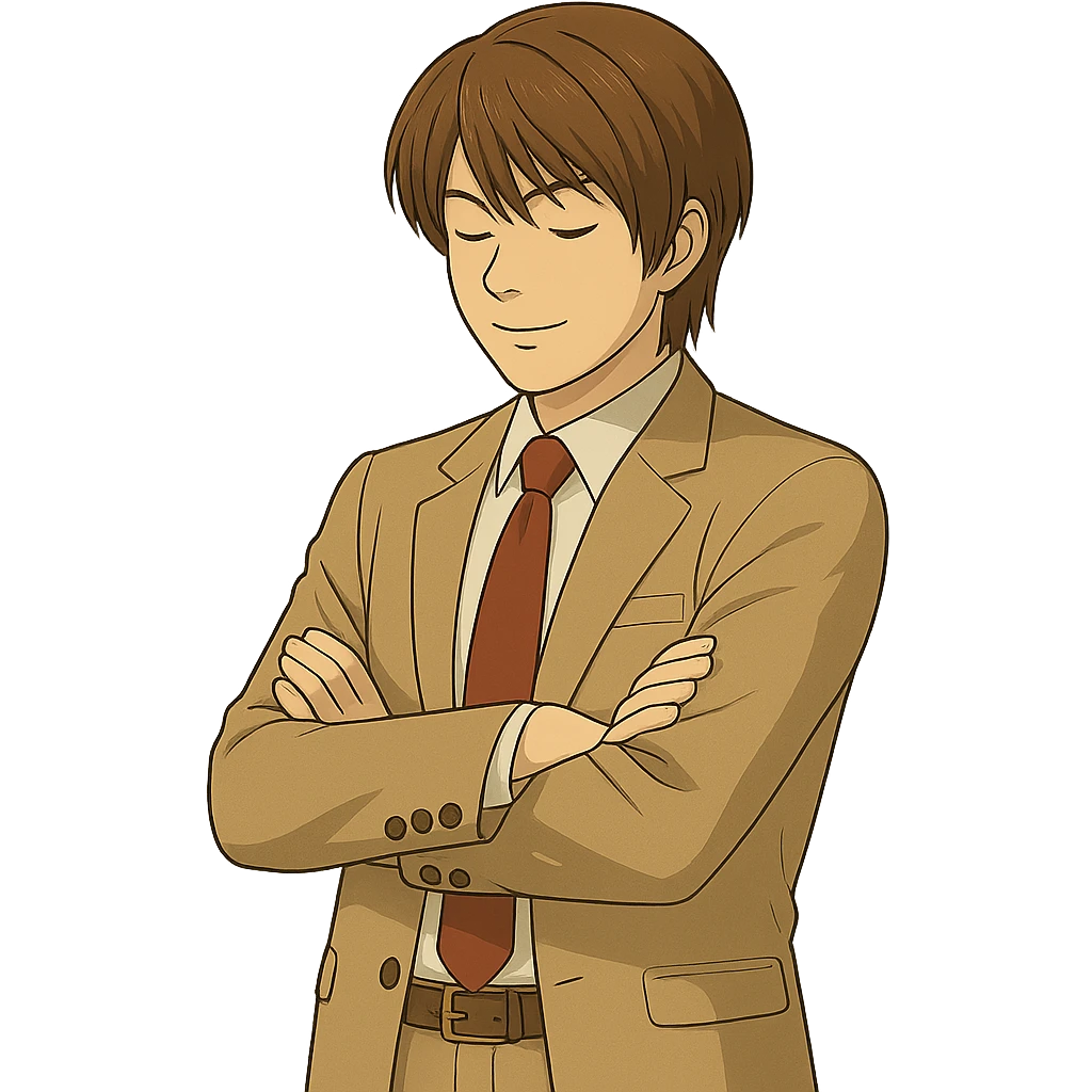 Make this exact Light Yagami in Ghibli style, standing with his arms crossed and looking downward, same suit, same confident expression. Match the face, hair, and suit details exactly to the reference. Transparent background. emoji