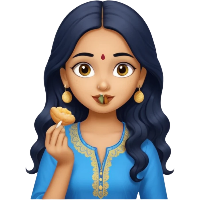 a pretty tan indian bratz girl. eyeliner on, wearing a blue kurti, eating golgappa. NO SPOON. wavy long black hair emoji