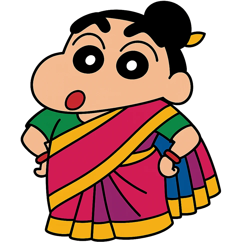 Shinchan character wearing a colorful saree, cartoon style emoji