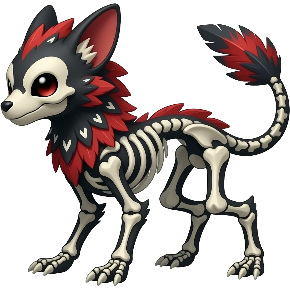 Rare black and red realistic dark edgy tropical tribal patterned feathery skeletal badass epic handsome gorgeous aesthetic colorful vibrant Vernid-Trico-species-Fakemon-creature by LiLaiRa, 4 legs, 1 tail, random markings, (full body) emoji
