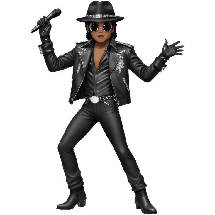Michael Jackson on stage with microphone buttonhole in full body, wearing his iconic concert costume—black leather jacket, sequined glove, fedora, and boots. He strikes a powerful pose, embodying the energy of R&B music. Transparent background. emoji