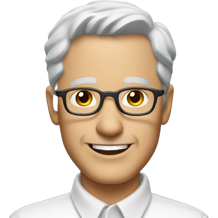 Middle-aged Caucasian man with short gray hair and glasses, wearing a white collared shirt and smiling emoji