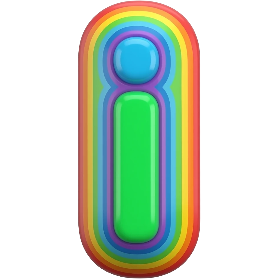 name "i" in bright blue, lime green 3D style typography lettering, each color of the rainbow as a border outlined around each letter, isolated, 3d rendering, no emoji icons no emoji faces and must have no human figures emoji