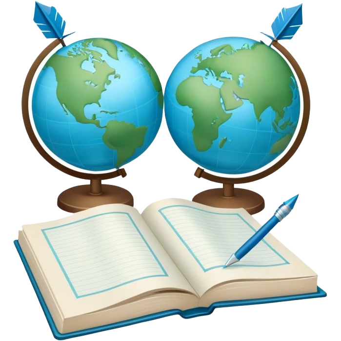 Create an emoji representing language translation. The design should feature a single globe in the background, symbolizing international communication. In front of the globe, place two books or sheets of paper, with a pen nearby to indicate the act of writing. Add two arrows pointing in opposite directions between the sheets to represent the translation process. Use a clean and professional color palette with blues, greens, and neutral tones. Do not include any emojis or smiley faces. Make the background transparent emoji