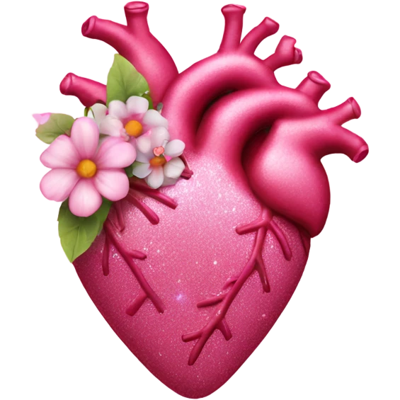 Pink realistic heart with flowers and glitter  emoji