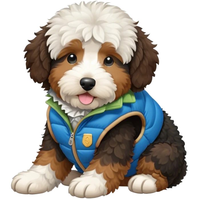 bernedoodle with a patagonia vest holding money emoji