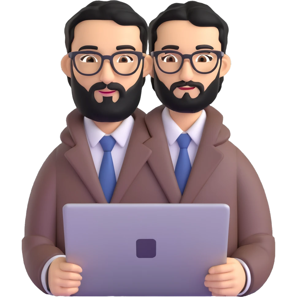 man with medium black beard, black hair, connected unibrow, olive tan skin, brown eyes, glasses, prominent long nose, wearing casual business attire, holding a laptop emoji