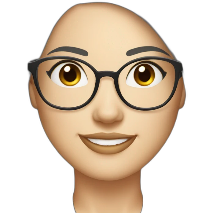 woman wearing glasses, round face, chubby cheeks, narrow eyes, shoulder length black hair, white skin, smiling emoji
