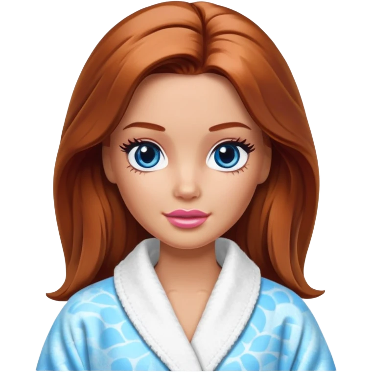 Barbie's face eyes blue with shoulder-length reddish-brown hair, makeup, cream smeared on her face , in a bathrobe with emoji