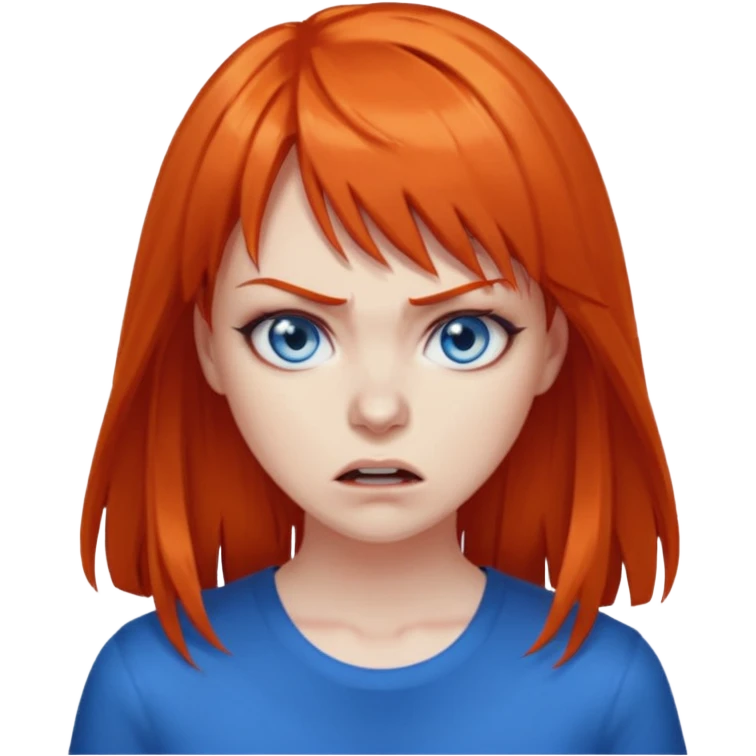 A woman with dark orange hair and bangs, blue eyes, an asmr streamer, angry, emoji