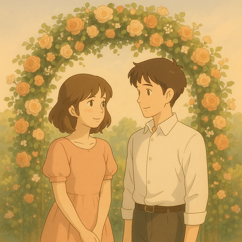 romantic flower arch backdrop, soft lighting emoji