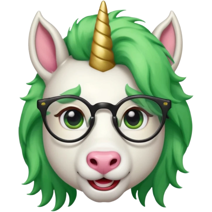 white furred unicorn with green hair and big red earrings looking into camera and spectacle emoji