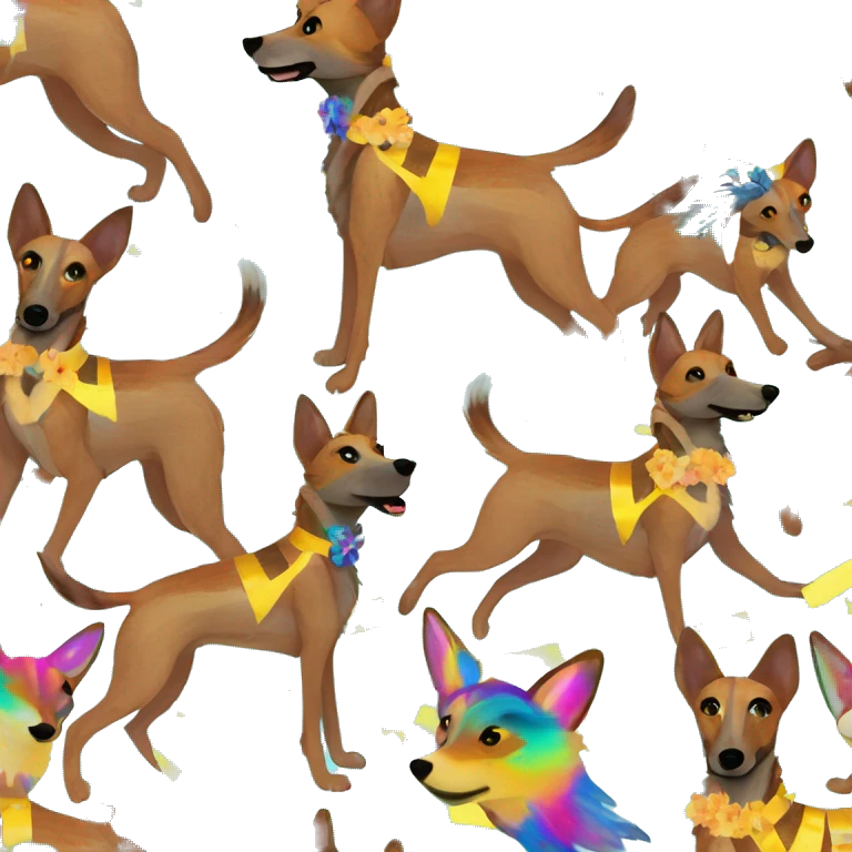 brindle brown black maroon striped lurcher Alsatian fox running blue eyes and iridescent holographic oilslick harness wearing paper iridescent tropical flower crown yellow caution tape emoji