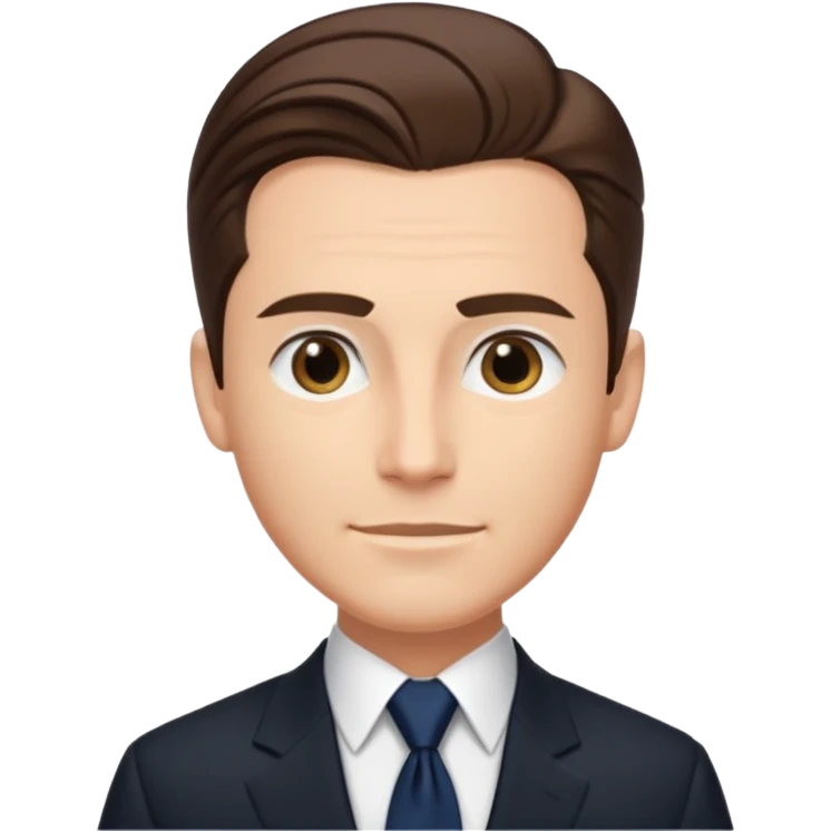 Caucasian man with slicked back brown hair, black suit, navy tie, elegant look standing  emoji