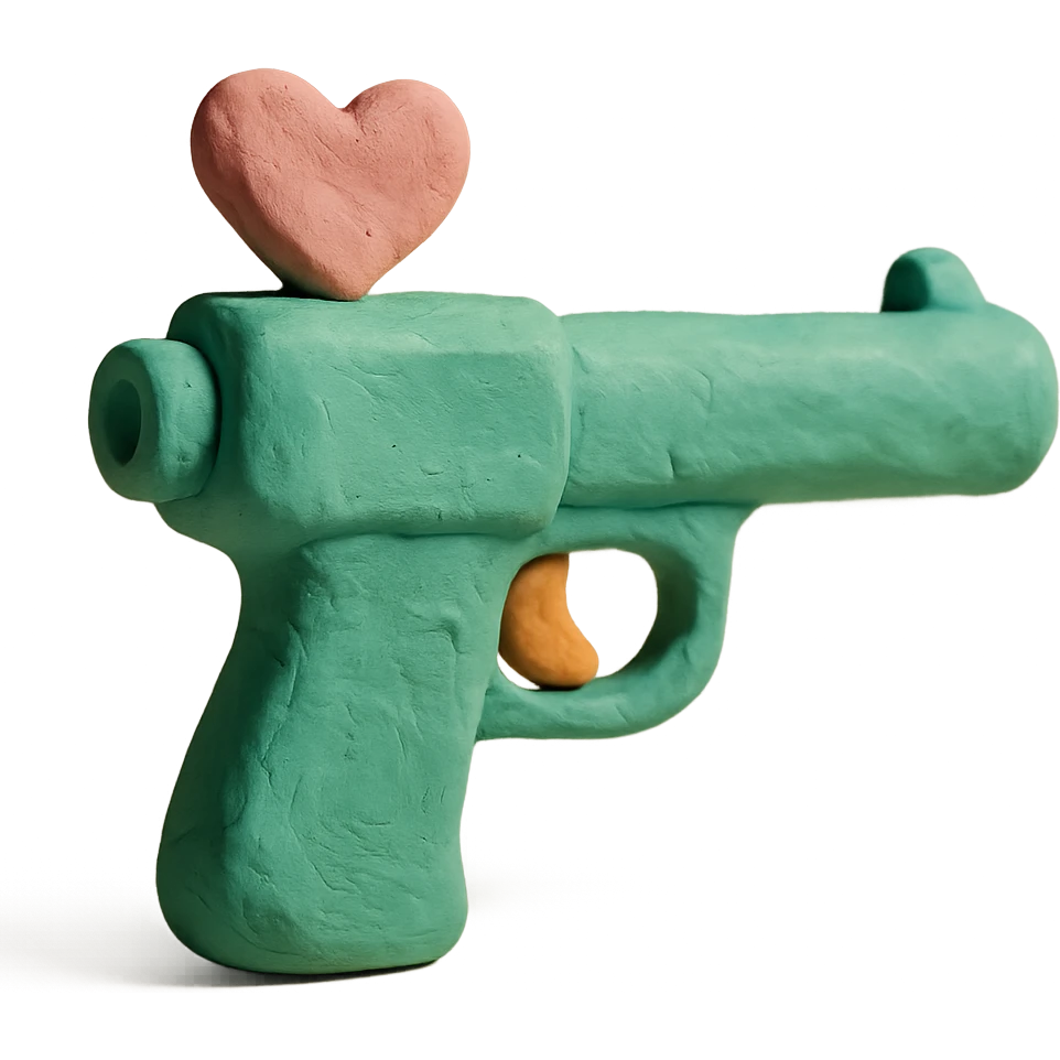 green heart pistol, claymation style, soft pastel colors, visible fingerprints emoji