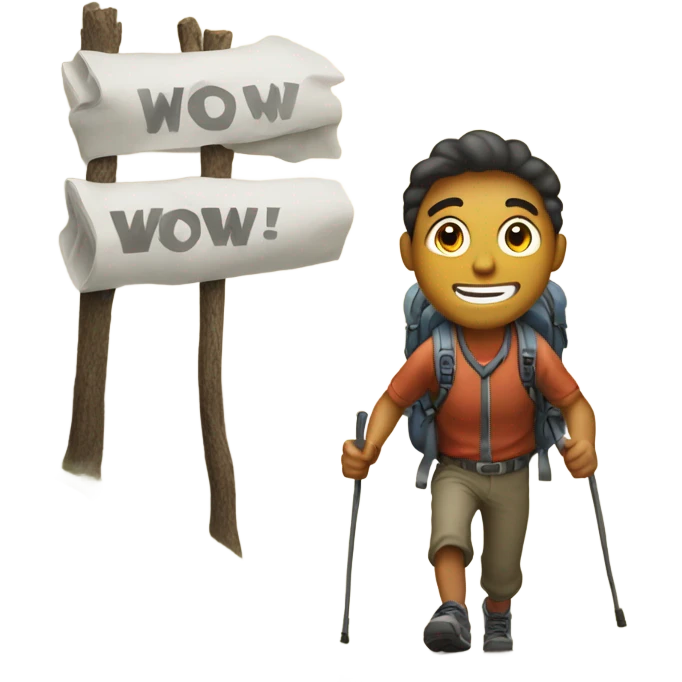 Man hiking with sign that says “Wow!” emoji