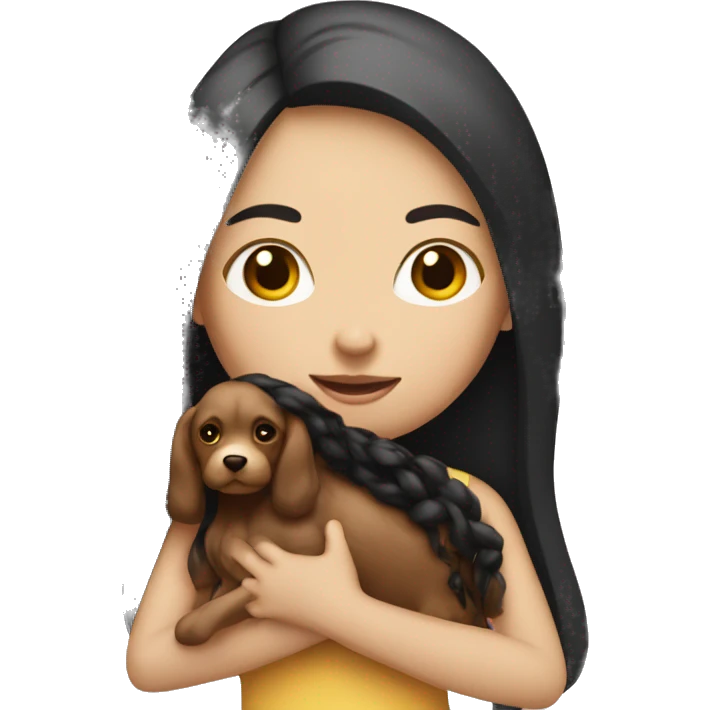 white girl with long dark hair holding a toy doodle  emoji